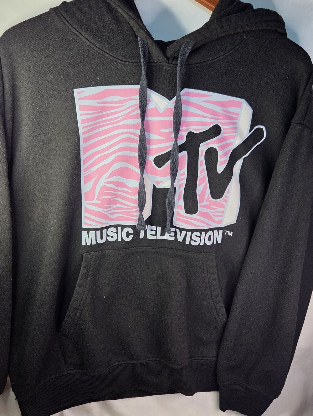 MTV Hoodie Womens Sz XL Black Graphic Logo Music TV Pullover Streetwear Retro